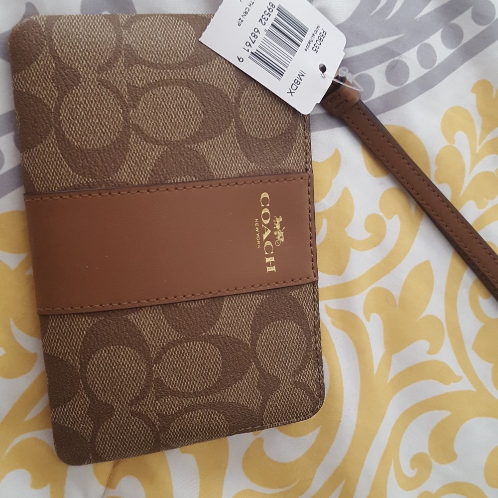 Tan Coach Logo Wristlet, New w tags